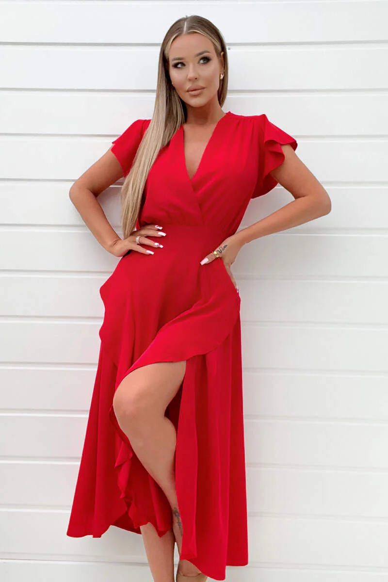 Red Frill Detail Double Split Skirt Midi Dress - Swimclubus