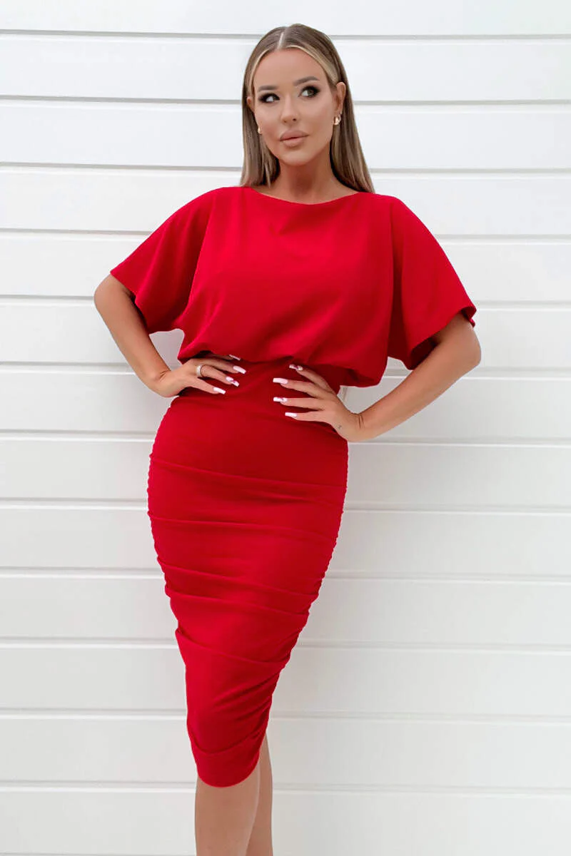 Red Short Sleeve Side Ruched Midi Dress - Swimclubus
