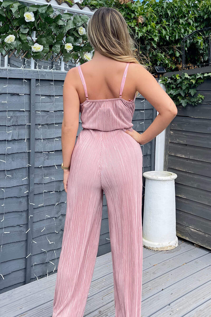 Champagne Wrap Top Tie Waist Full Length Plisse Jumpsuit - Swimclubus