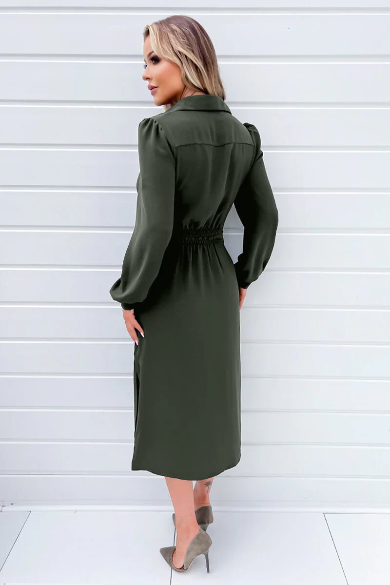 Olive Button Front Tie Shirt Midi Dress - Swimclubus