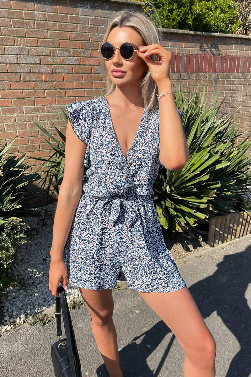 Blue Printed Wrap Tie Waist Playsuit - Swimclubus