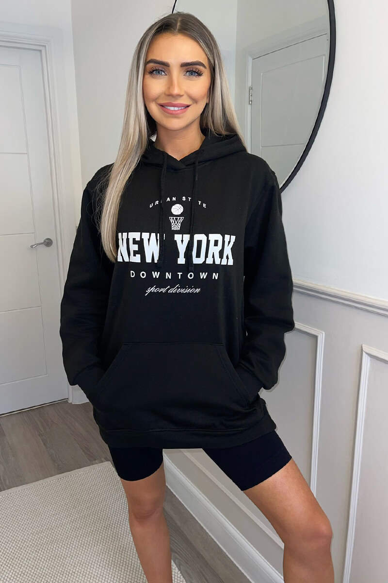Black New York Slogan Hoodie - Swimclubus