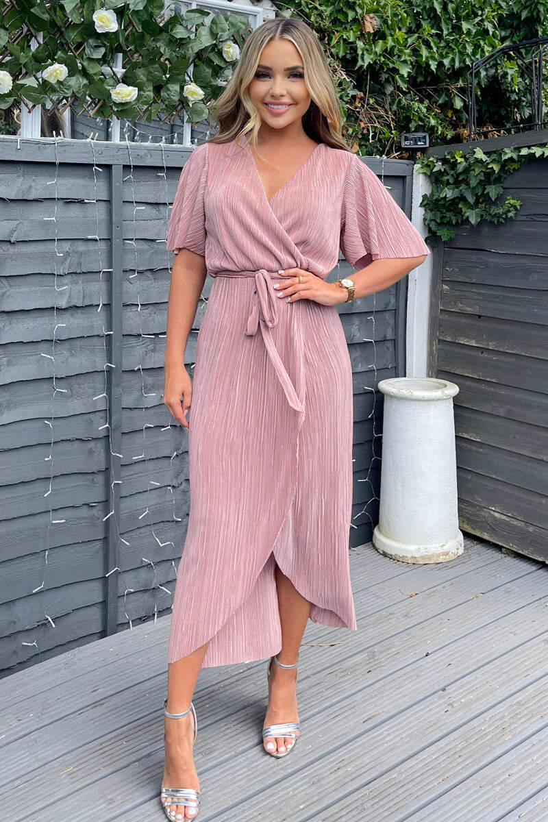 Champagne Wrap Top Belted Short Sleeve Plisse Midi Dress - Swimclubus