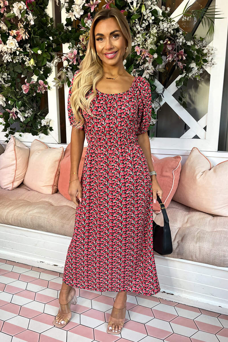 Red Multi Floral Printed Puff Sleeve Midi Dress - Swimclubus