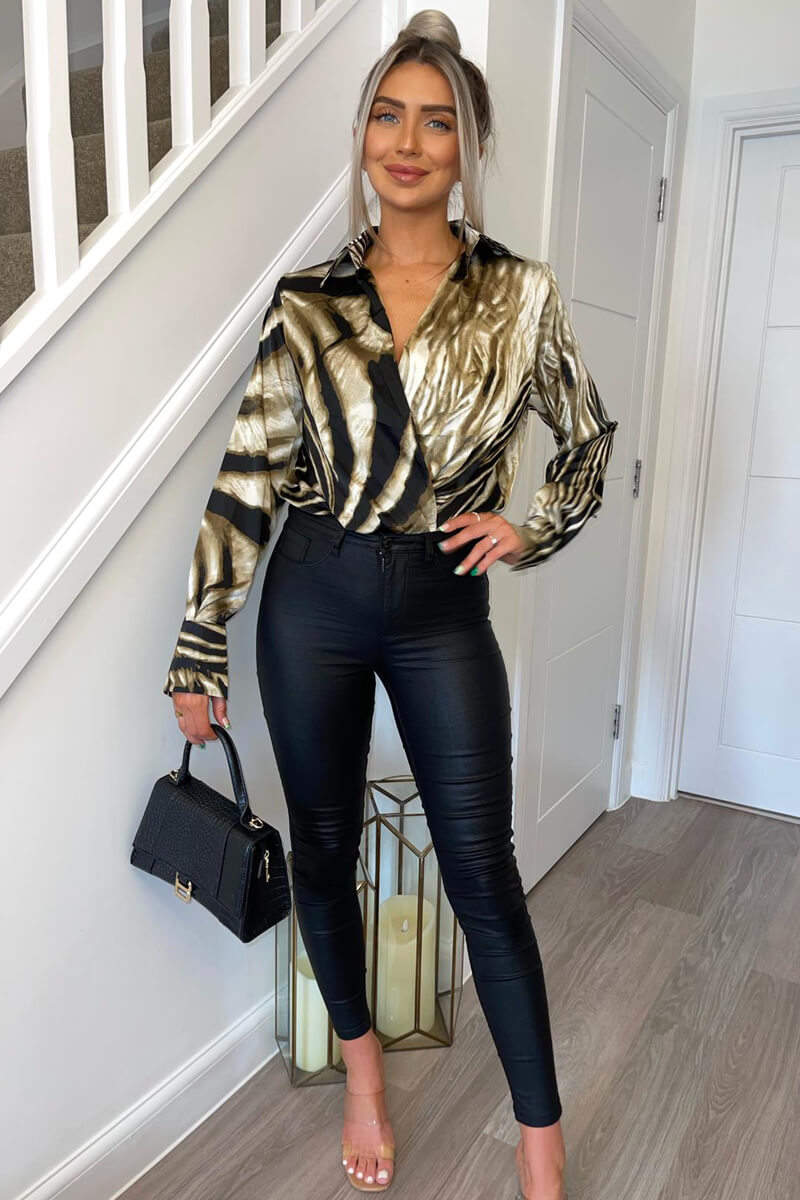 Brown Printed Wrap Top Long Sleeve Bodysuit - Swimclubus