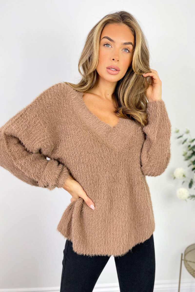 Camel V-Neck Fluffy Knitted Jumper - Swimclubus