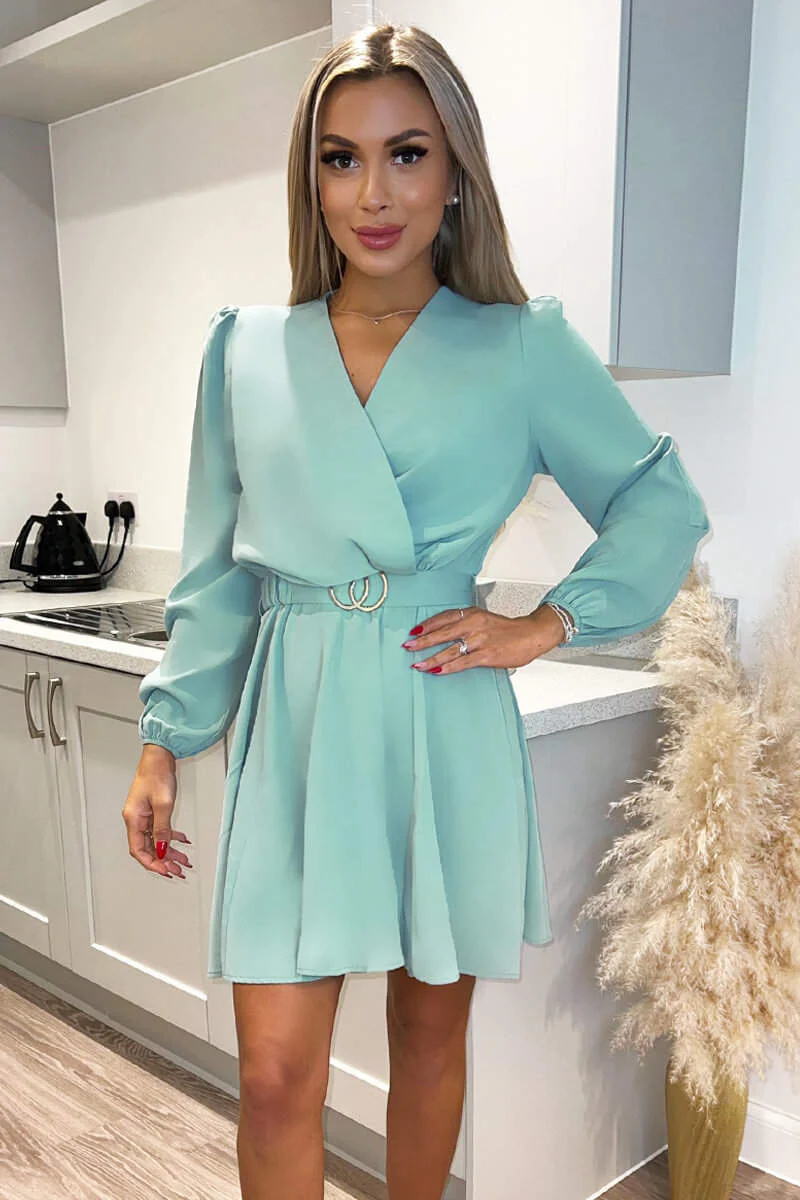 Duck Egg Wrap Over Belted Skater Dress - Swimclubus