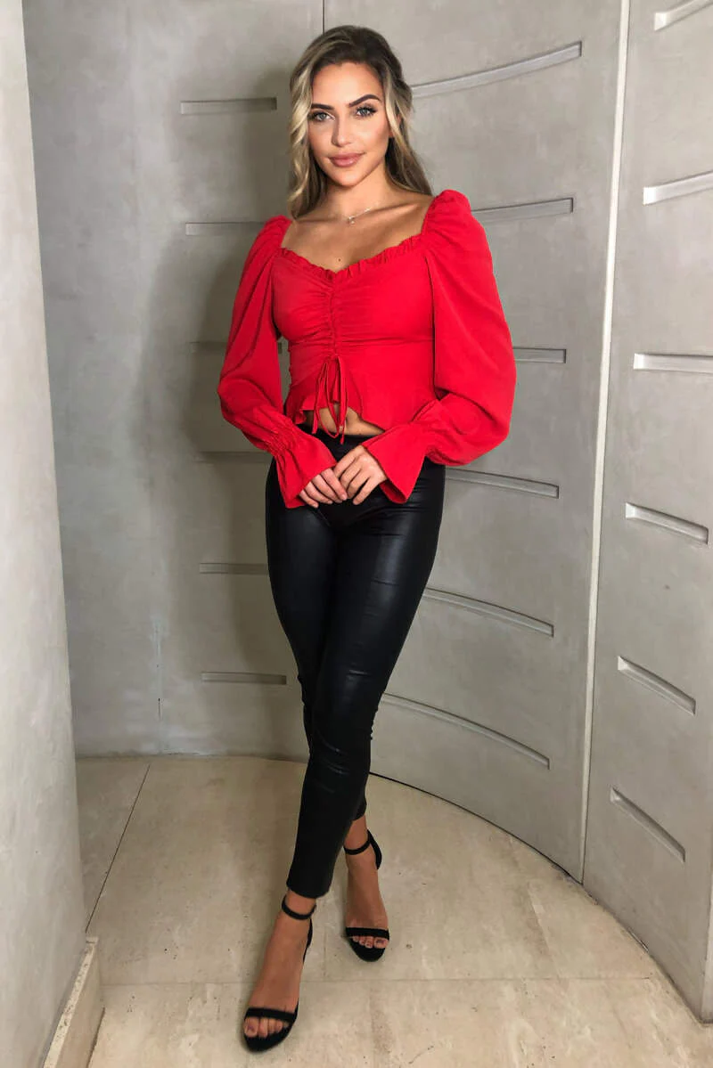 Red Shirred Back Milkmaid Crop Top - Swimclubus