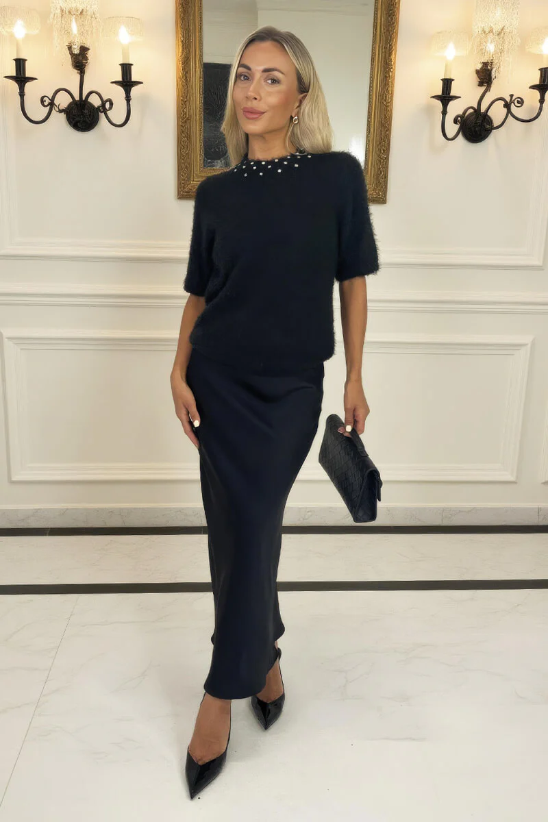 Black Embellished Neck Fluffy Knit Top - Swimclubus