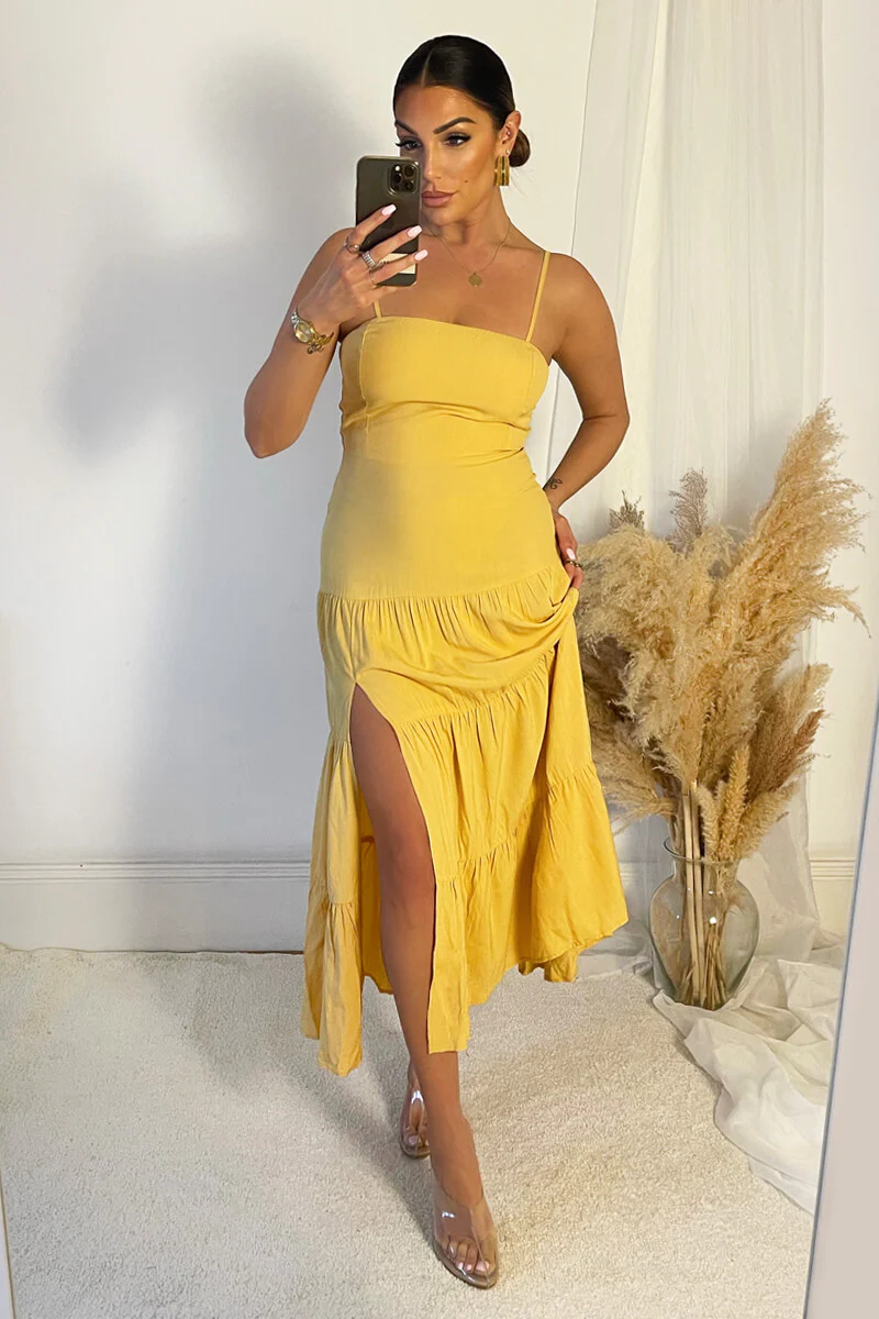 Yellow Strappy Smock Midi Dress - Swimclubus