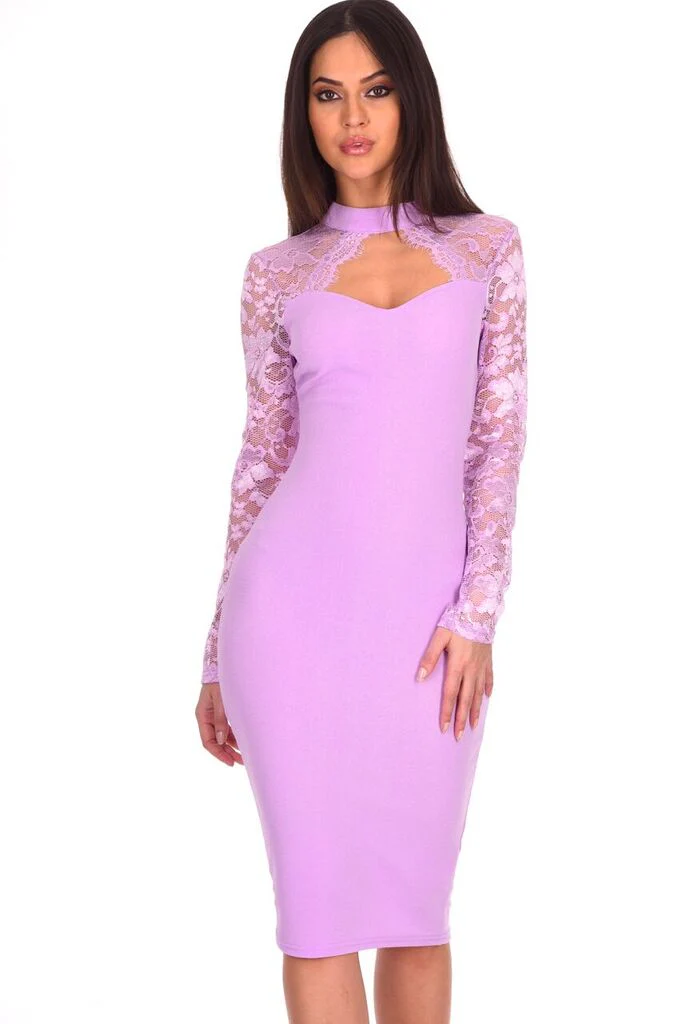 Lilac Choker Neck Lace Sleeve Midi Dress - Swimclubus