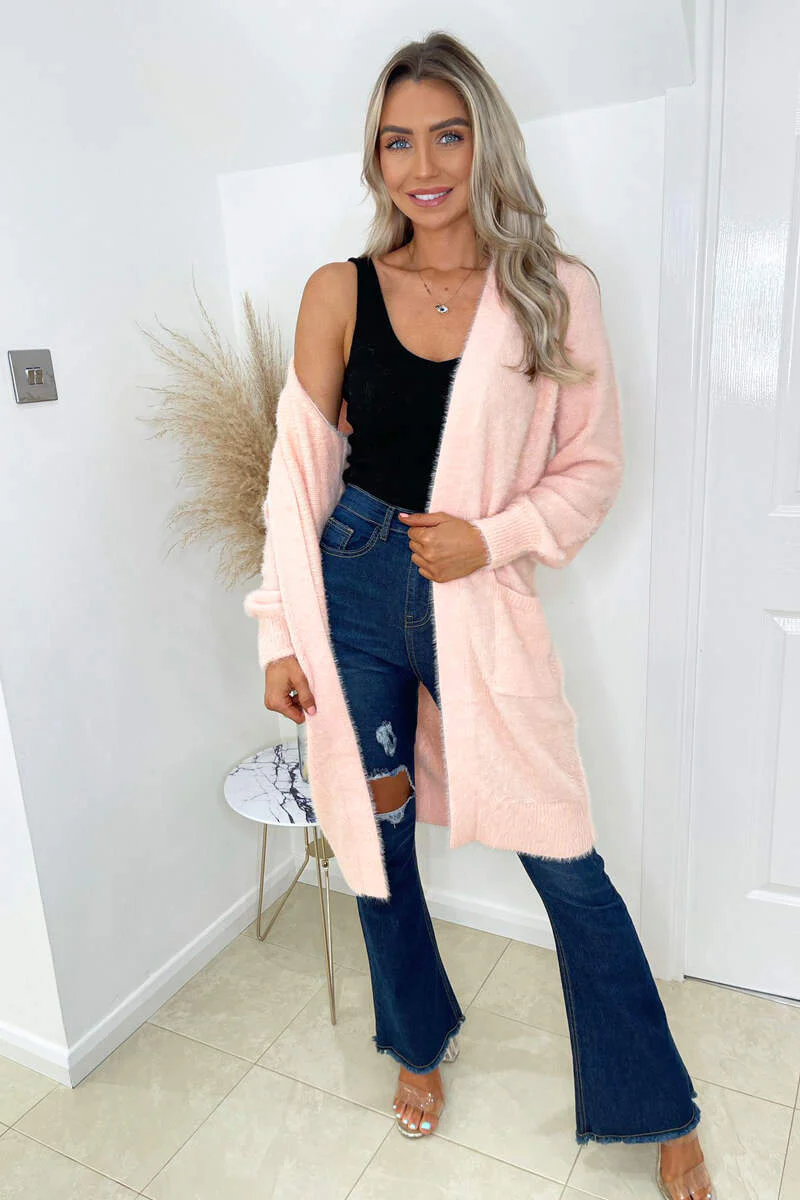 Pink Fluffy Long Cardigan - Swimclubus