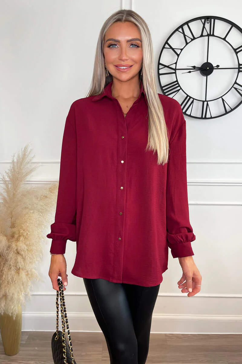 Wine Long Sleeve Gold Button Front Shirt - Swimclubus