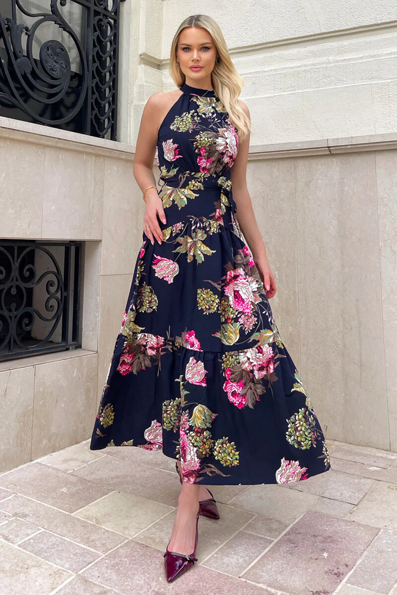 Navy Floral Printed High Neck Tie Belt Midi Dress - Swimclubus