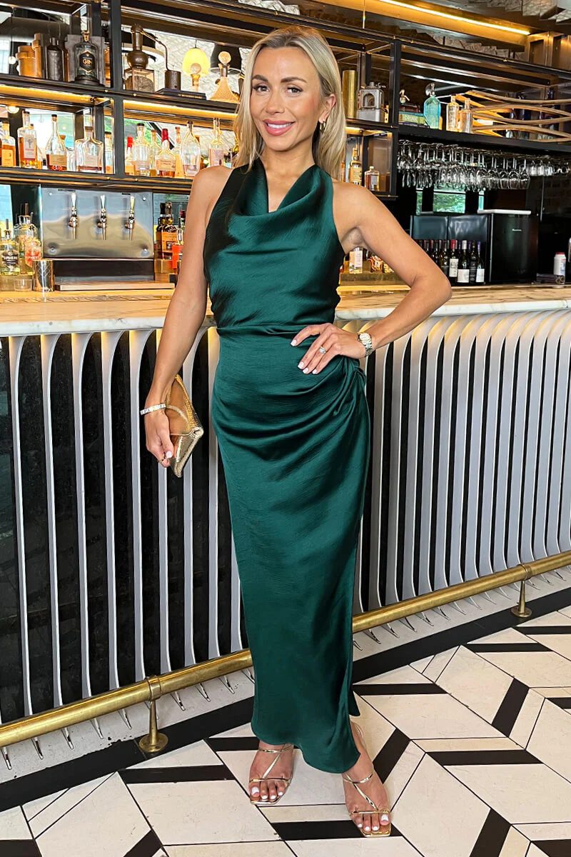 Teal Satin Cowl Neck Cross Back Midi Dress - Swimclubus