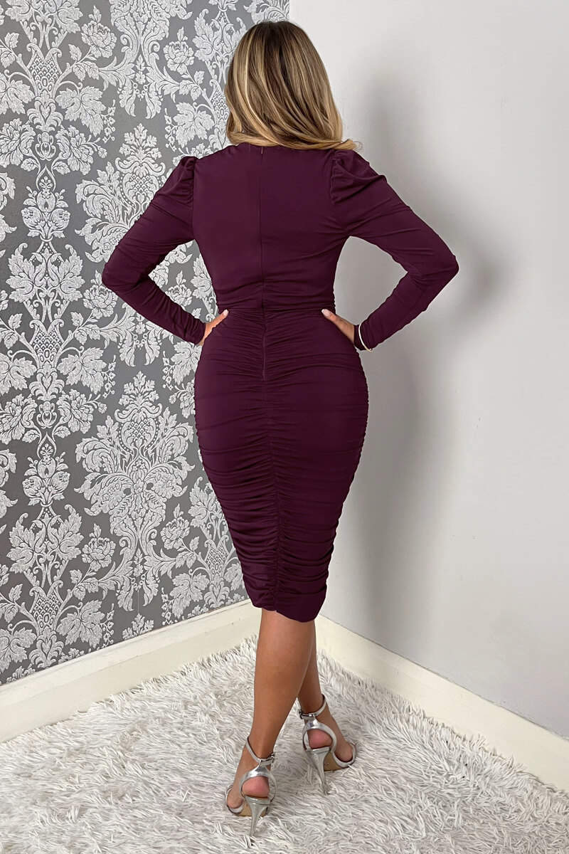 Plum Ruched Long Sleeve Cross Front Midi Dress - Swimclubus