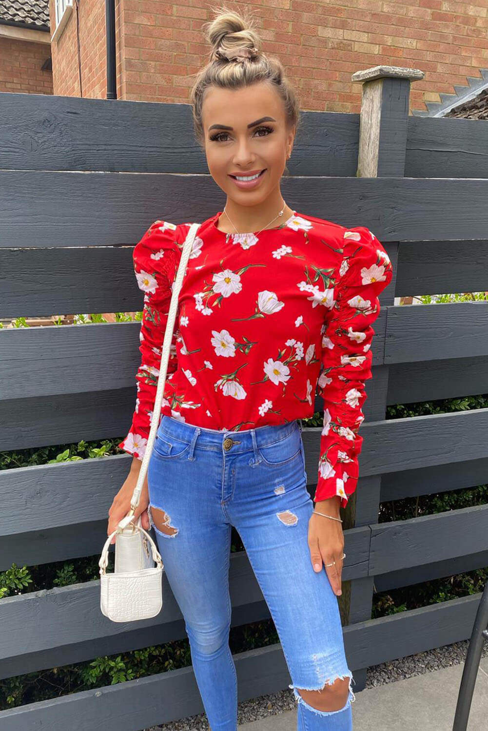 Red Floral Ruched Sleeve Top - Swimclubus