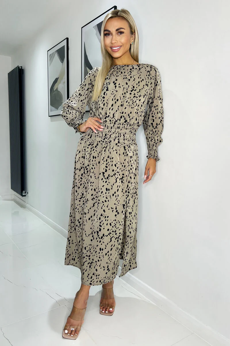 Beige Animal Print Long Sleeve Shirred Detail Midi Dress - Swimclubus