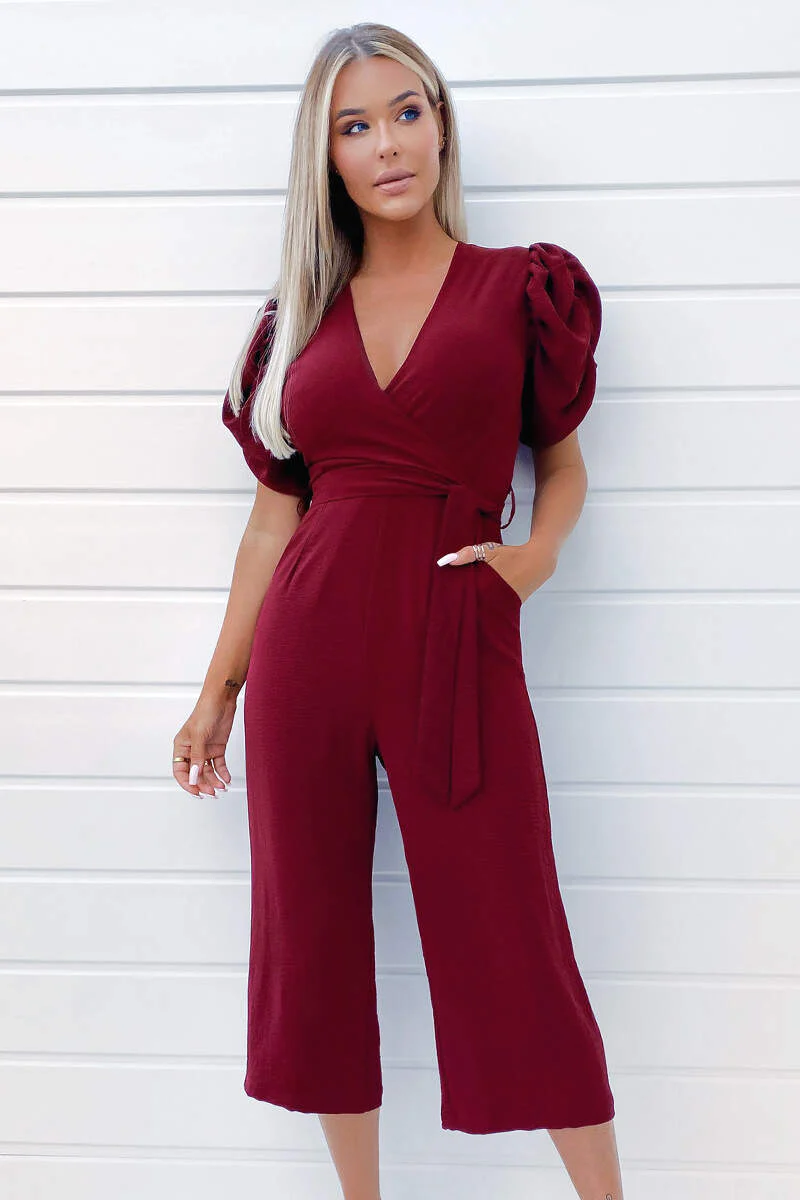Plum Wrap Over Tie Waist Jumpsuit - Swimclubus