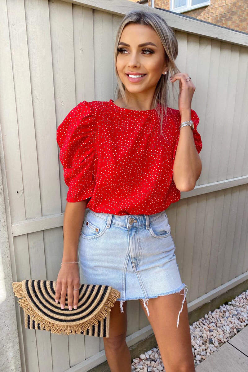 Red Polka Dot Frill Sleeve Top - Swimclubus