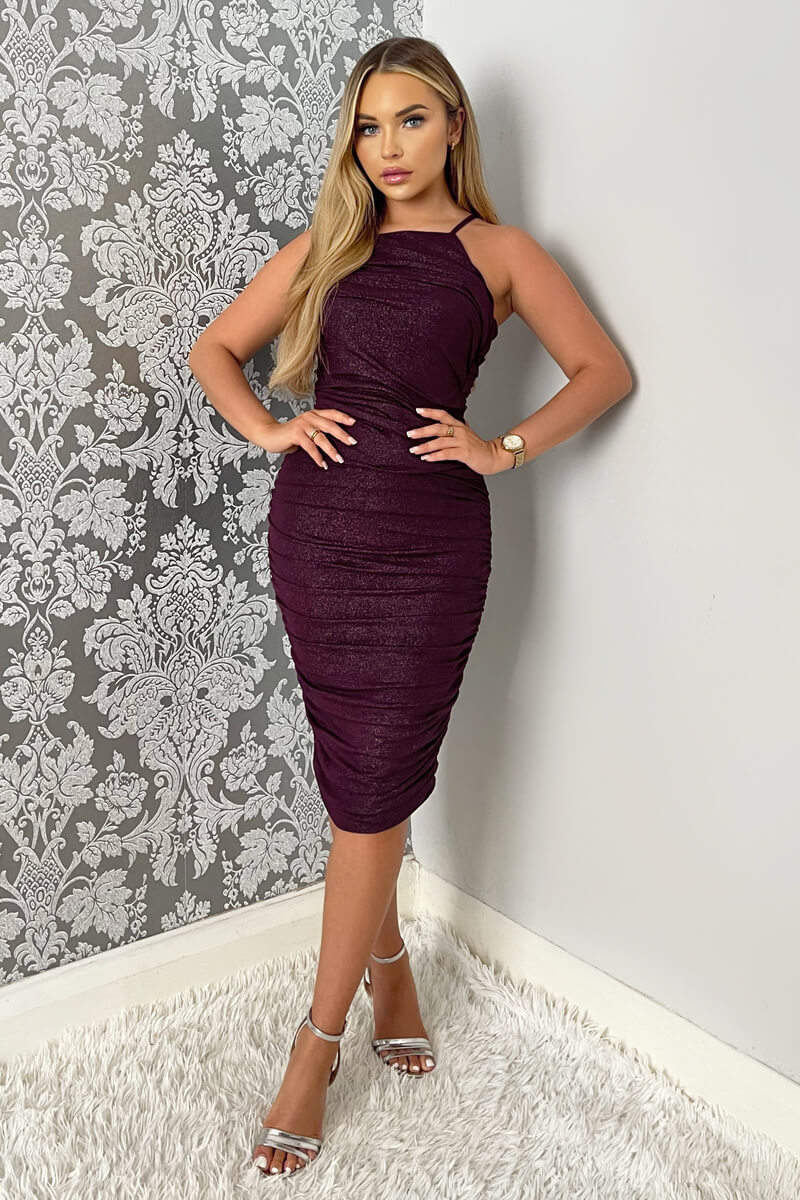 Plum Ruched Bodycon Shimmer Midi Dress - Swimclubus