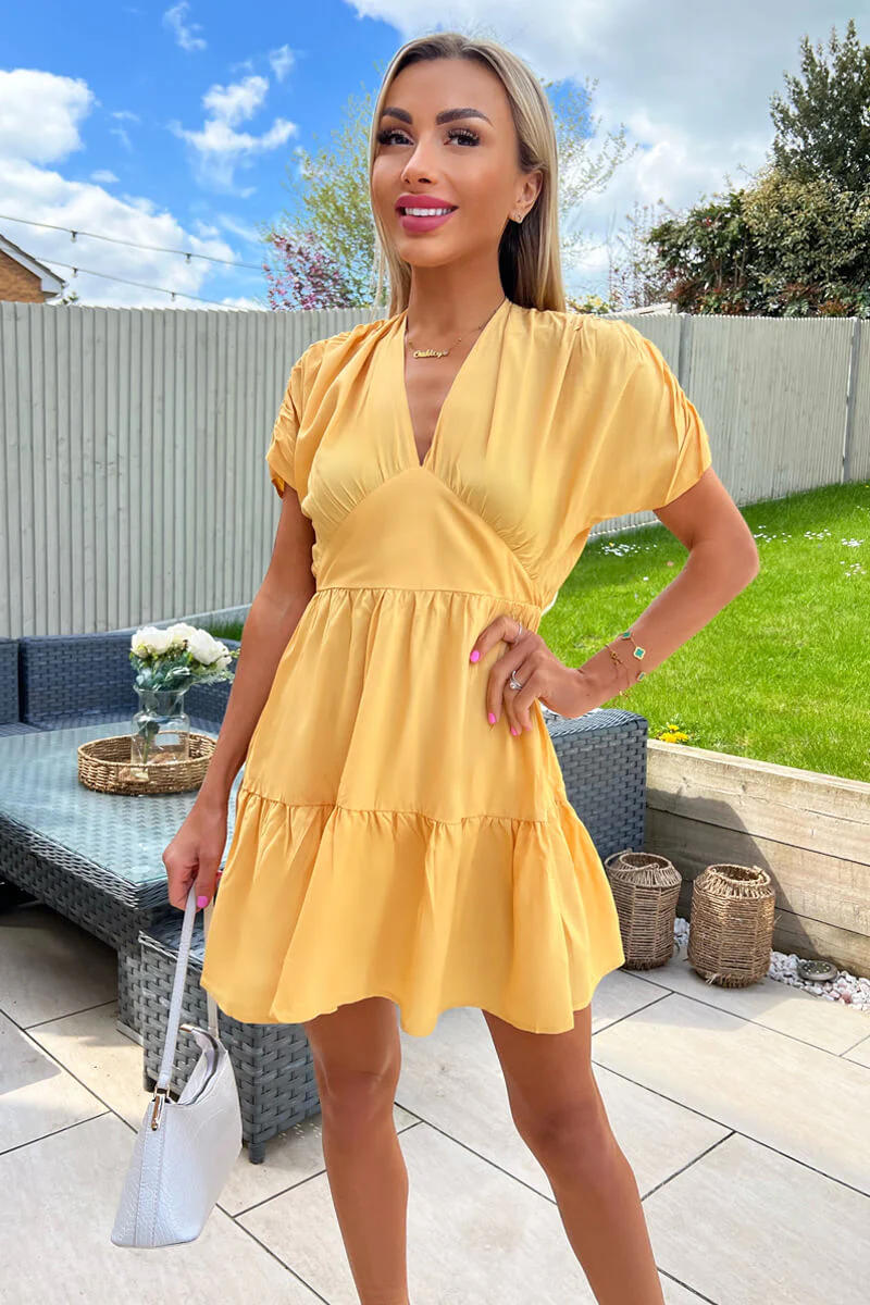 Yellow Short Sleeve Tie Back V Neck Mini Dress - Swimclubus