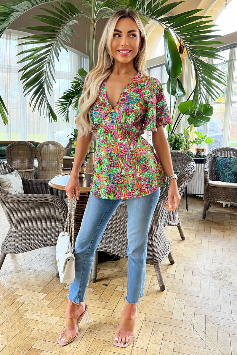 Multi Floral Garden Print V Neck Top - Swimclubus