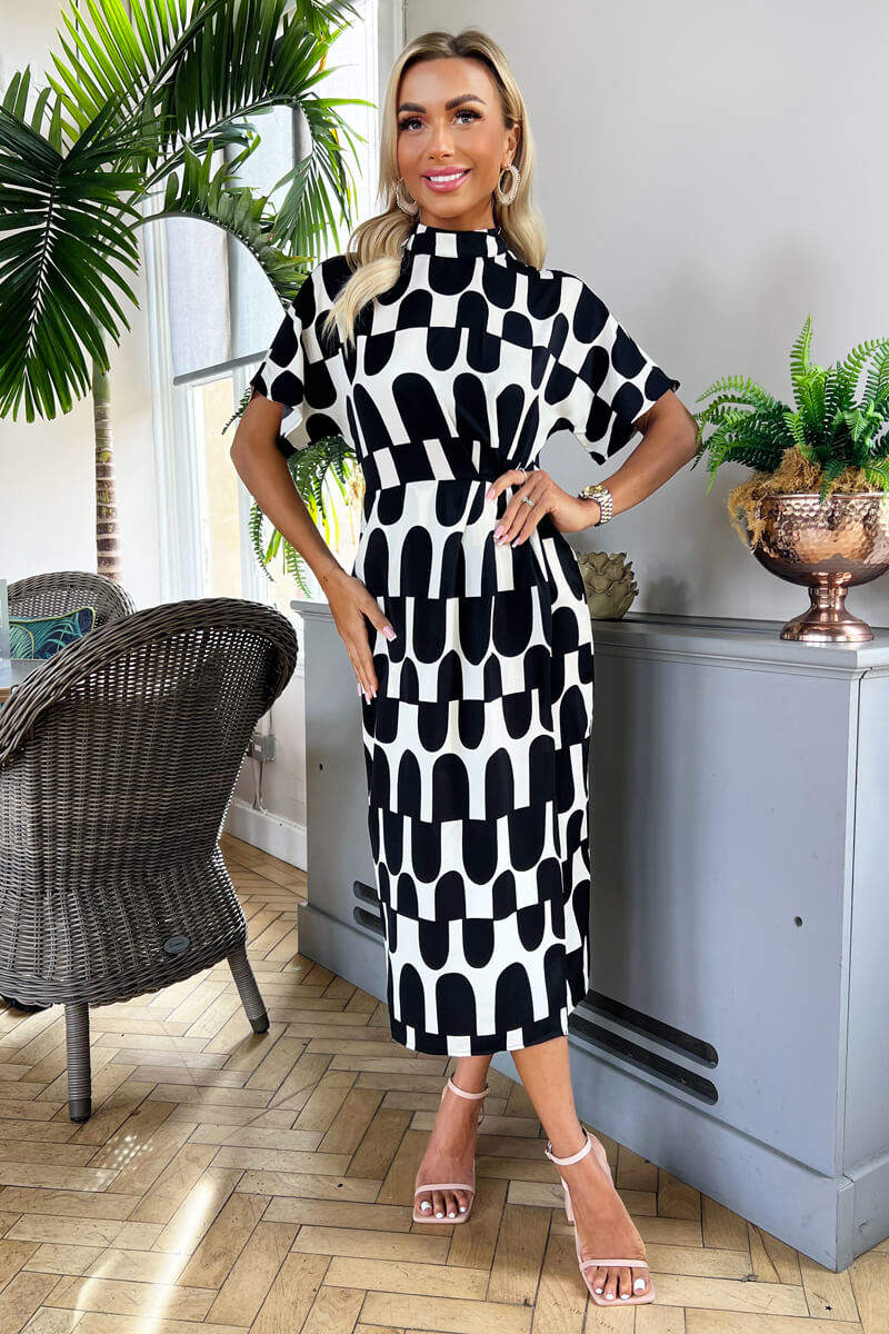 Black And Cream Abstract Print High Neck Wrap Skirt Midi Dress - Swimclubus