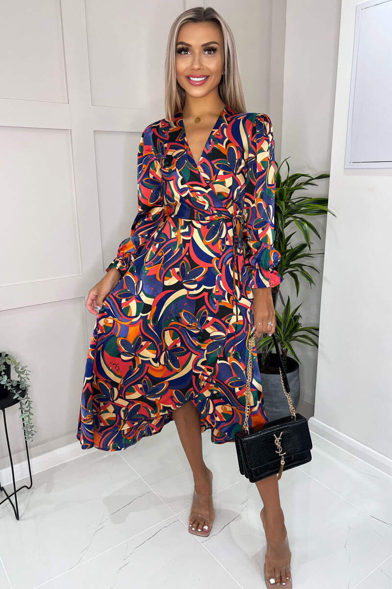 Multi Printed Long Sleeve Wrap Over Midi Dress - Swimclubus