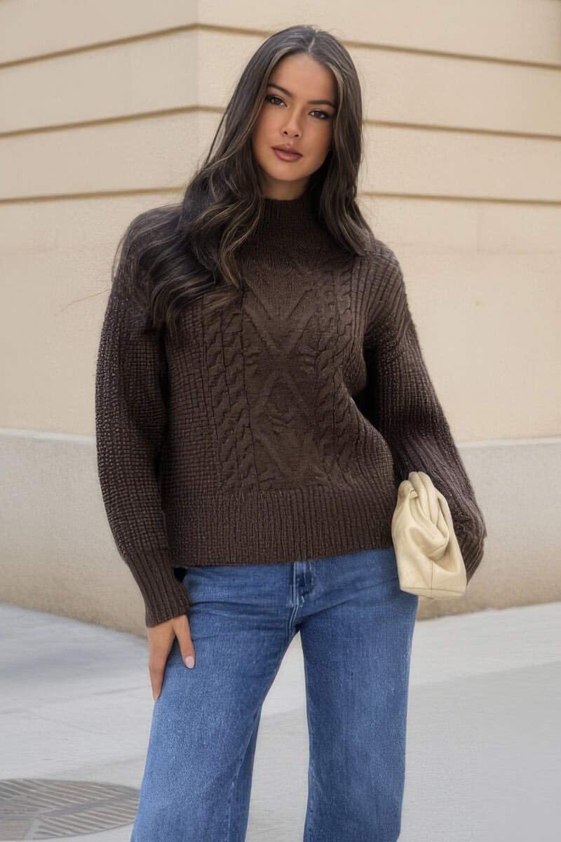 Chocolate Mock Neck Cable Knit Jumper - Swimclubus