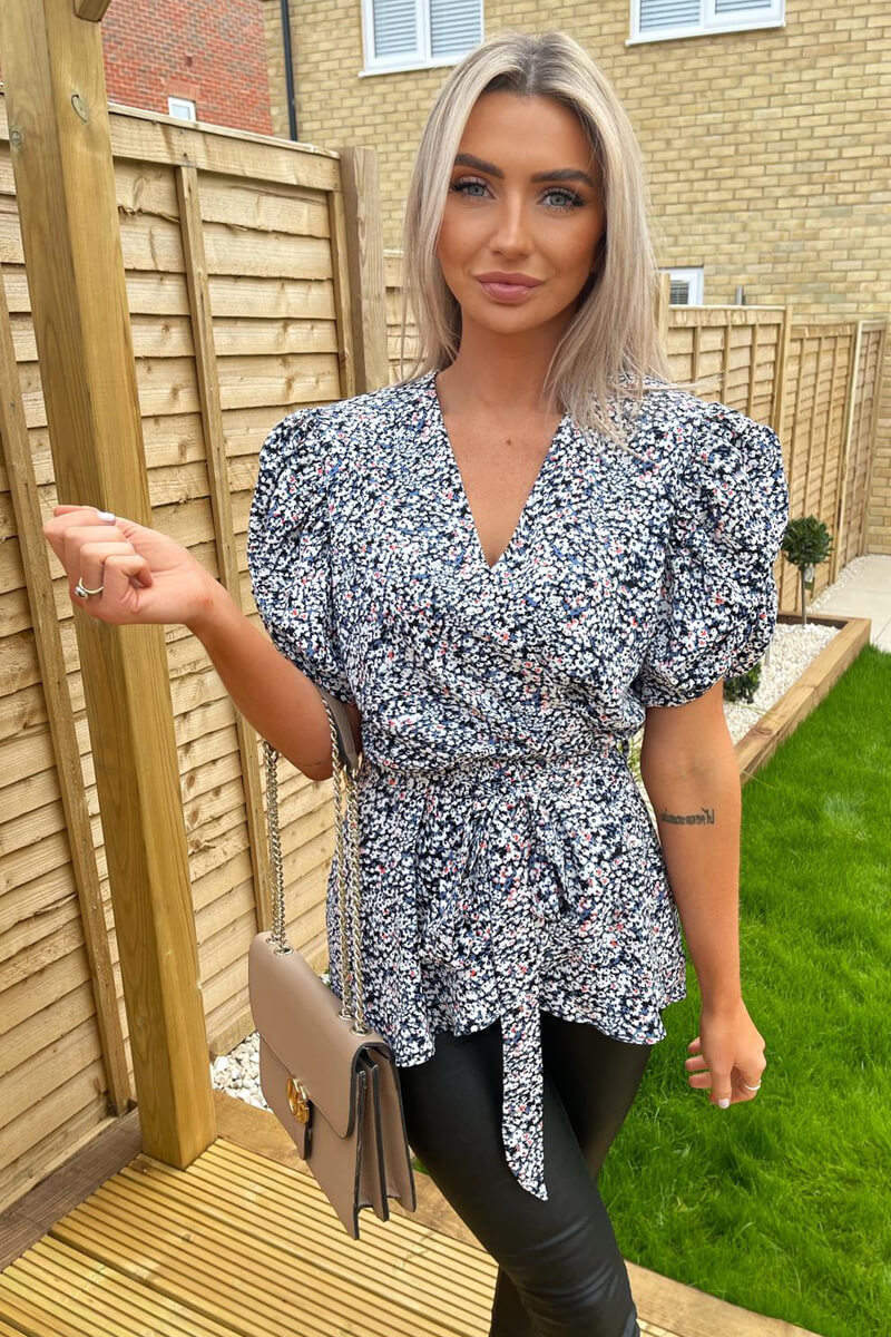 Blue Floral Printed Wrap Over Top - Swimclubus