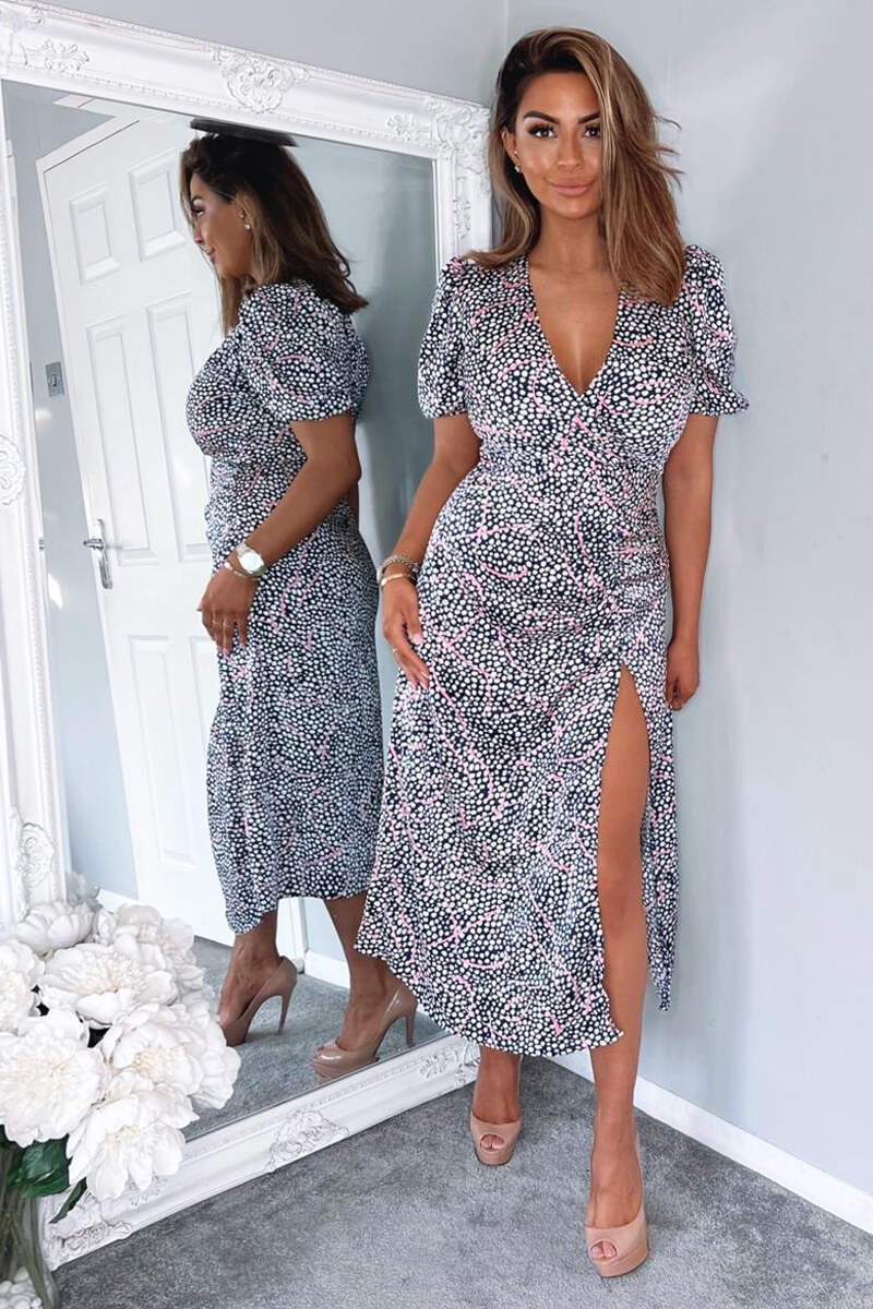 Navy White And Pink Printed Ruched Side Midi Dress - Swimclubus