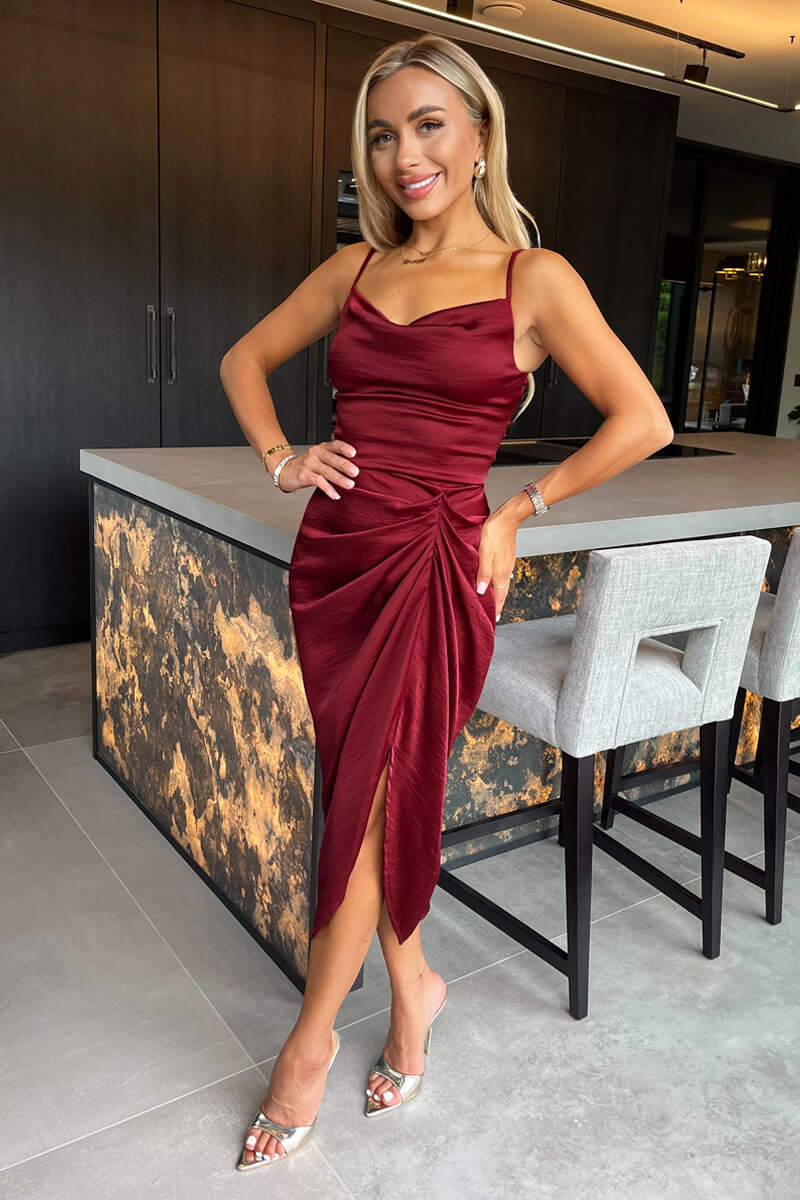 Wine Satin Strappy Cowl Neck Gathered Skirt Midi Dress - Swimclubus