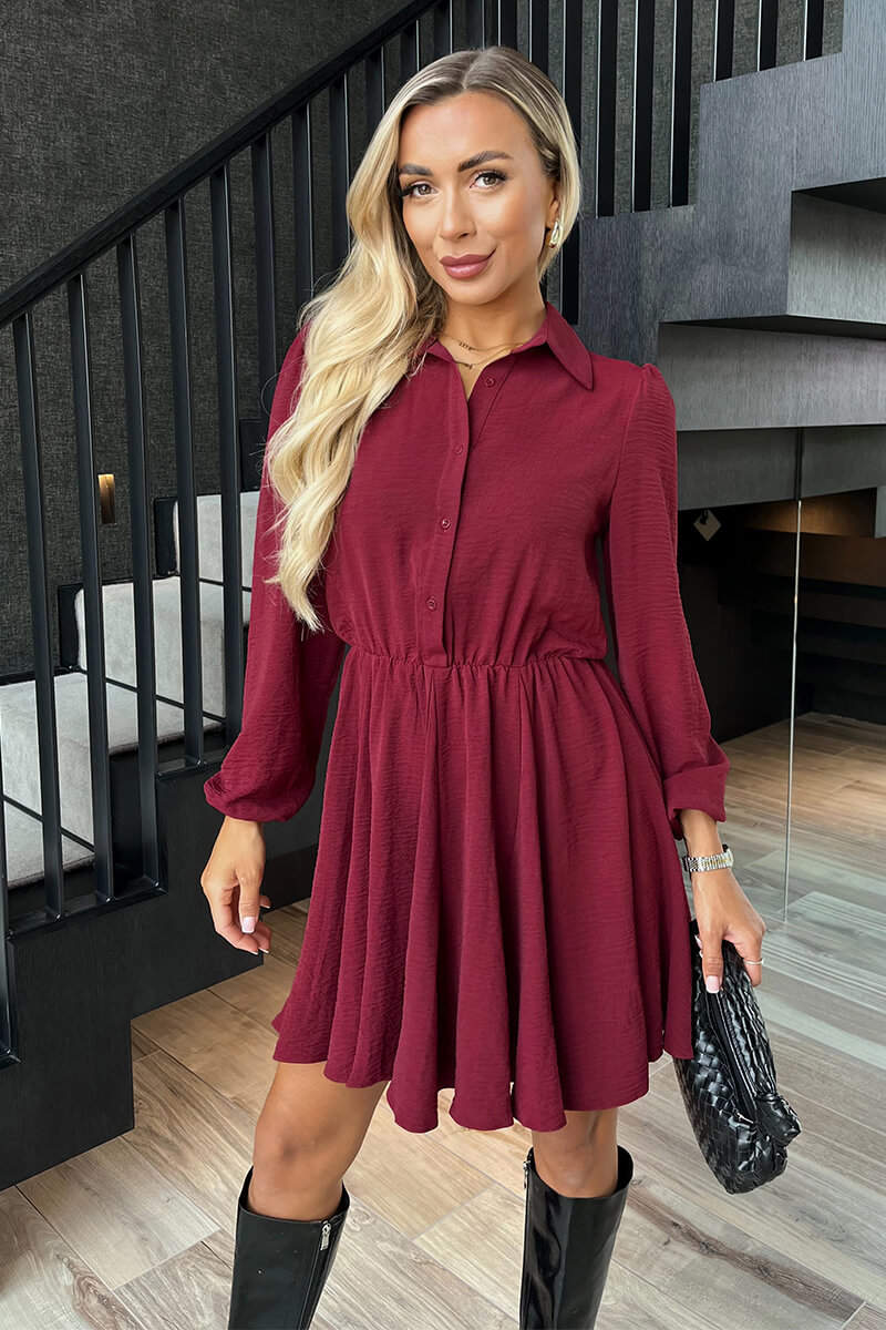 Wine Long Sleeve Mini Skater Dress - Swimclubus