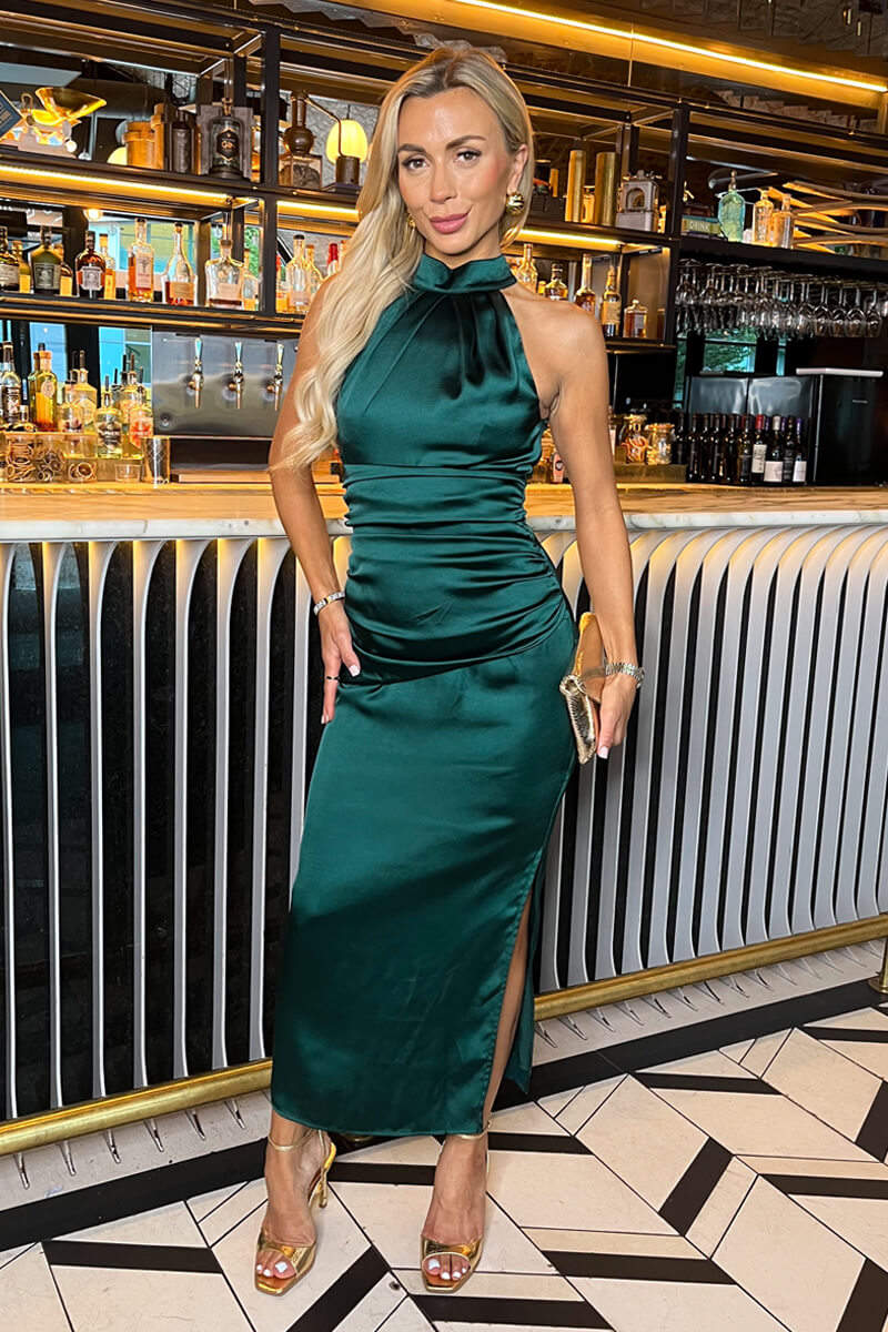 Teal Halter Neck Draped Waist Midi Dress - Swimclubus