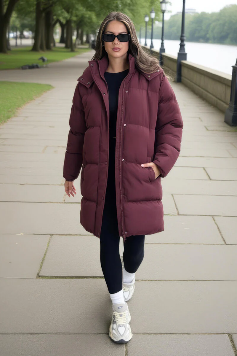 Burgundy Hooded Longline Puffer Coat - Swimclubus