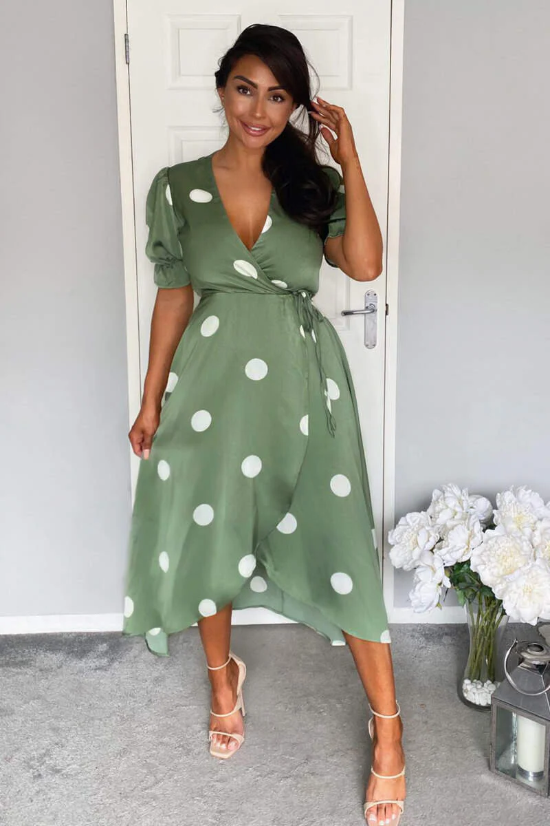 Green Dot Print Wrap Over Midi Dress - Swimclubus