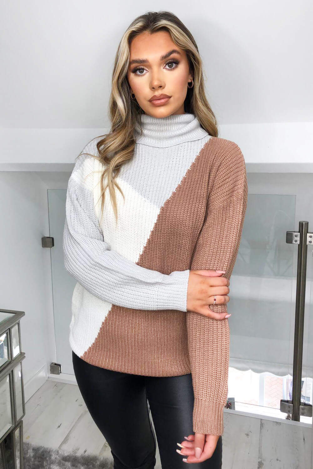 Grey Colour Block Roll Neck Knitted Jumper - Swimclubus
