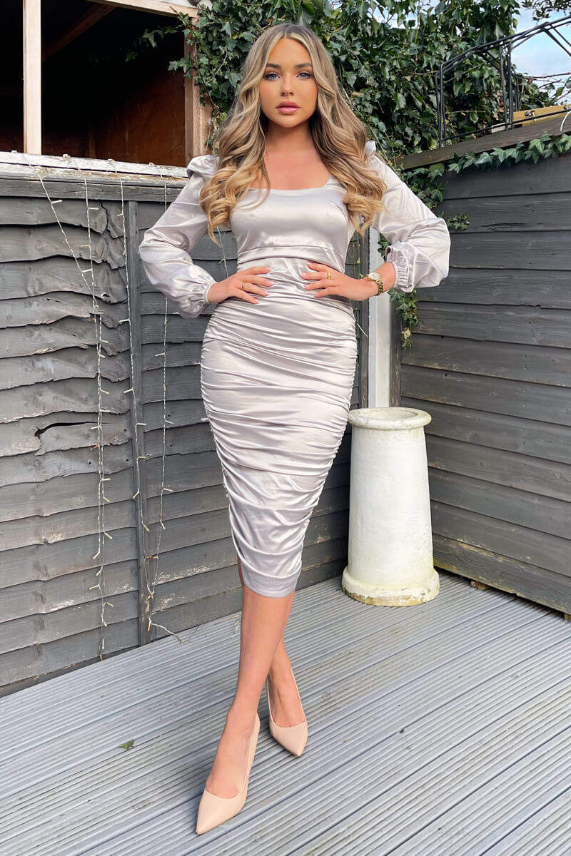 Oyster Satin Square Neck Ruched Dress - Swimclubus
