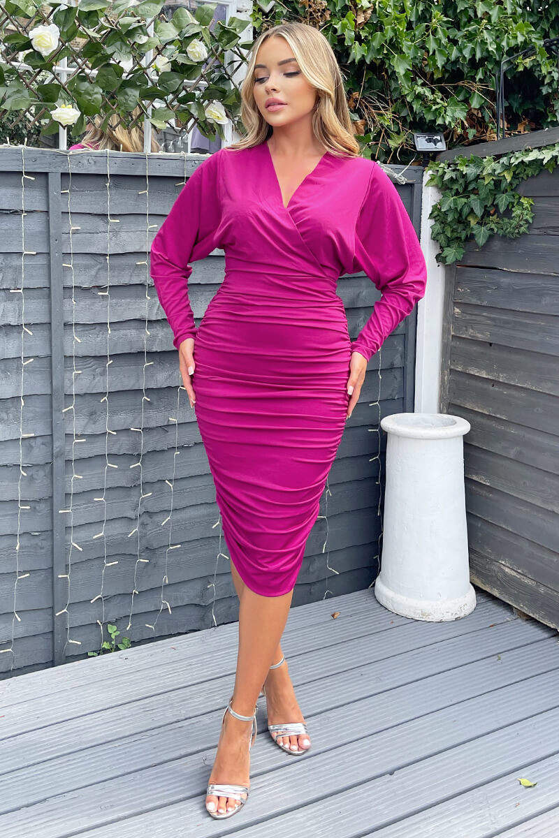 Berry Ruched Wrap Top Midi Dress - Swimclubus