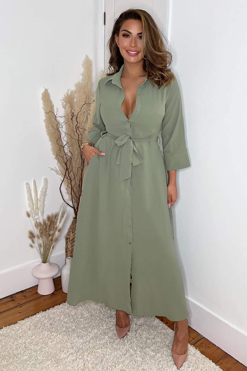 Khaki Button Up Midi Shirt Dress - Swimclubus