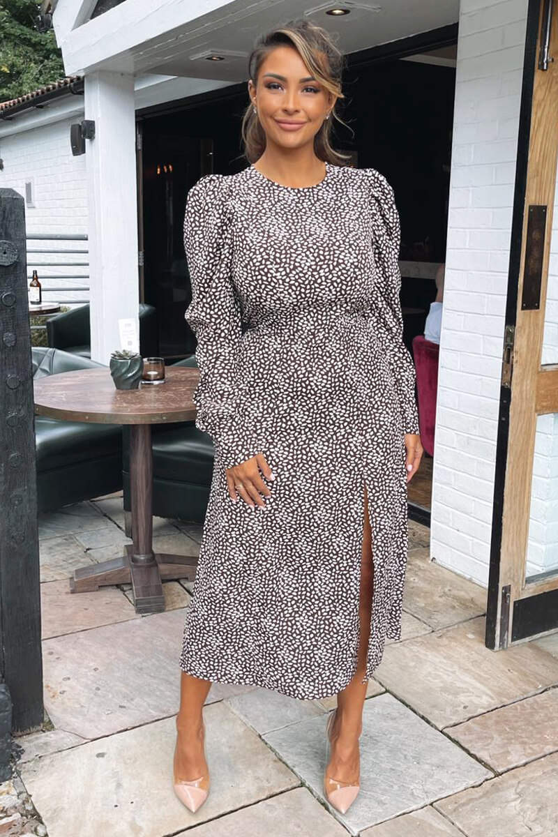 Brown Printed Long Sleeve Split Leg Midi Dress - Swimclubus