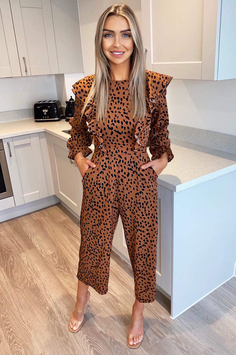 Camel Printed Frill Panel Long Sleeve Jumpsuit - Swimclubus