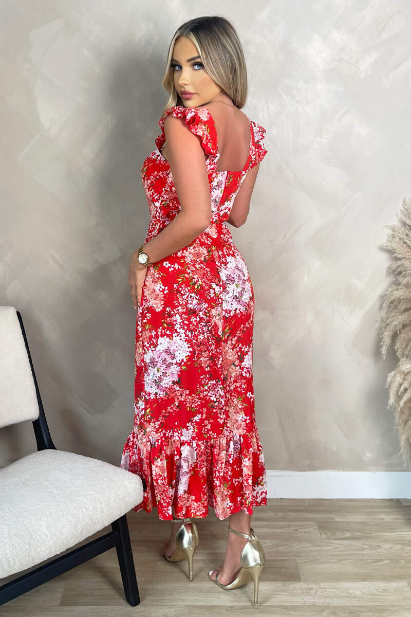 Red Floral Printed Frill Strap Midi Dress - Swimclubus