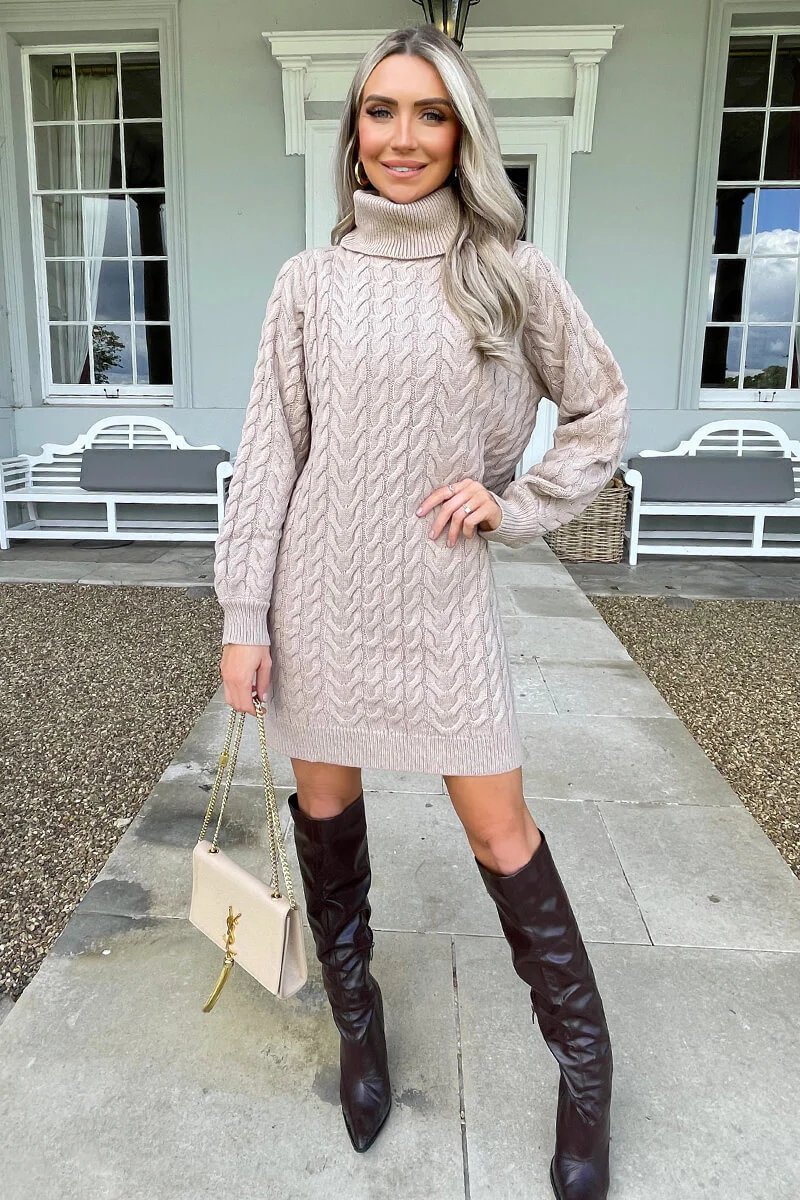 Oatmeal Roll Neck Cable Knit Dress - Swimclubus