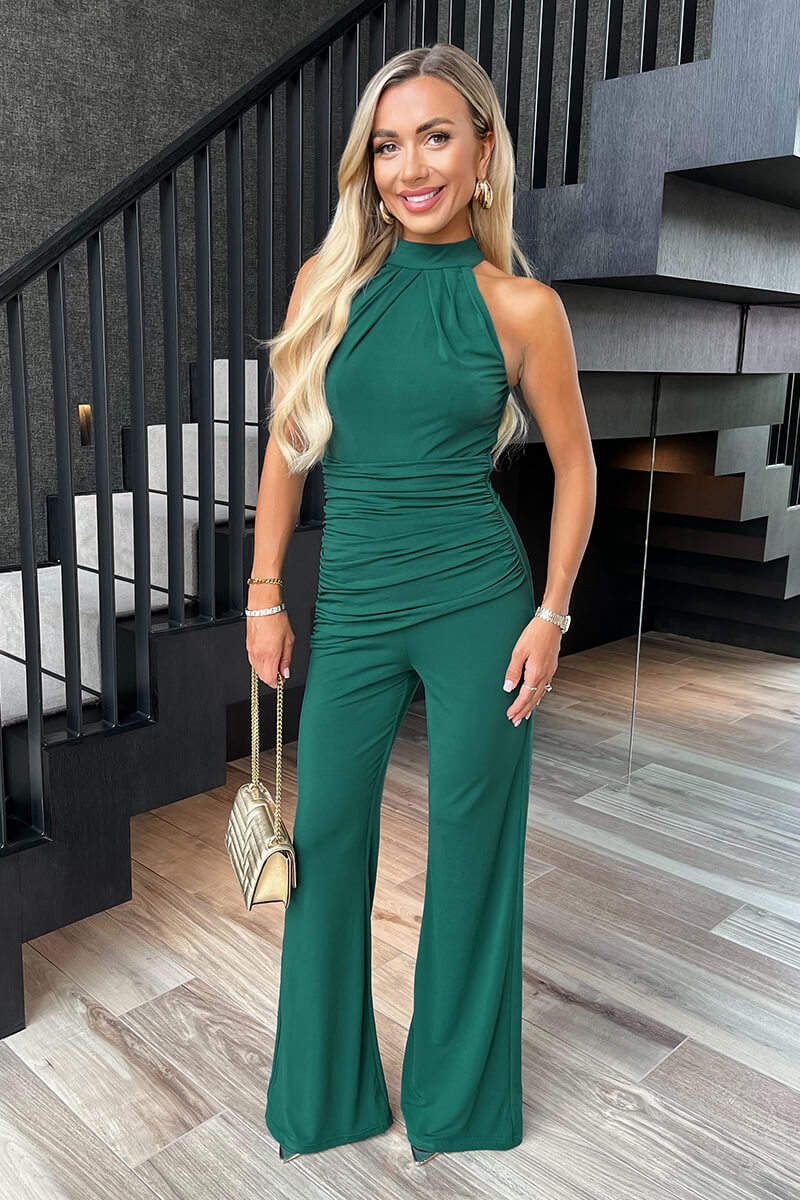 Teal Pleated Halter Neck Draped Waist Detail Jumpsuit - Swimclubus