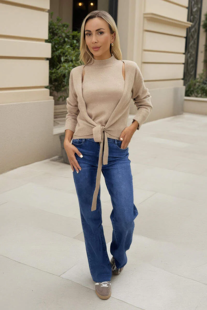 Oatmeal 2 in 1 Tie Front Jumper Cardigan - Swimclubus