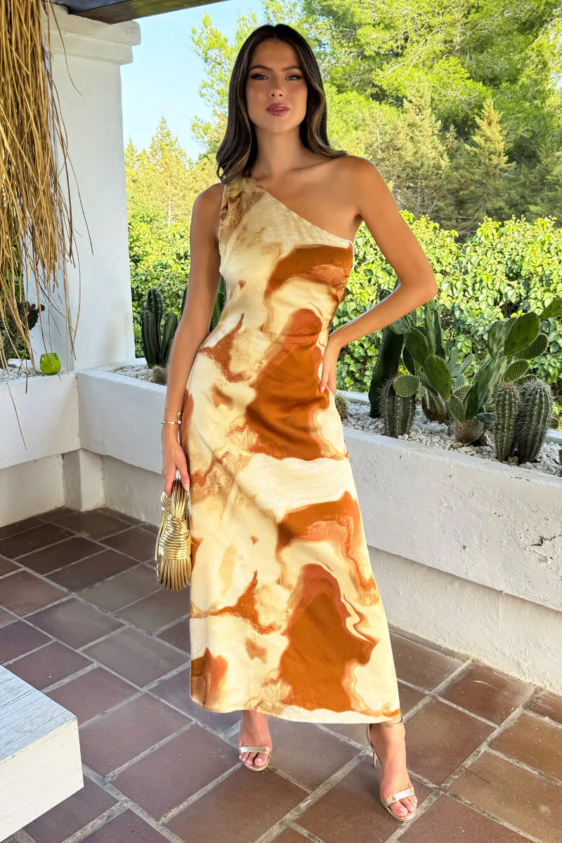Brown And Stone Marble Print One Shoulder Open Back Twist Detail Midi Dress - Swimclubus