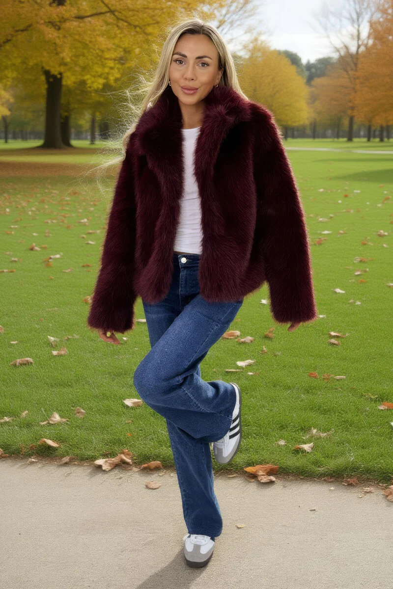 Burgundy Faux Fur Short Jacket - Swimclubus