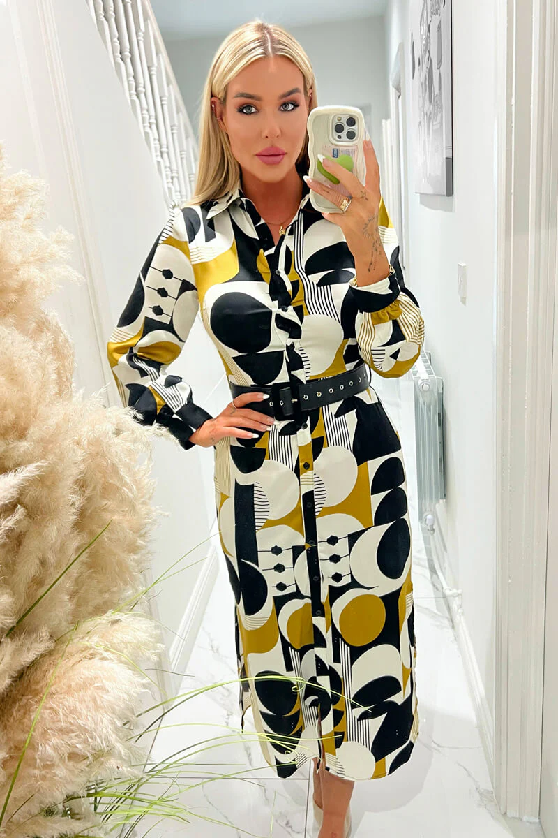 Multi Geometric Print Button Front Belted Shirt Midi Dress - Swimclubus